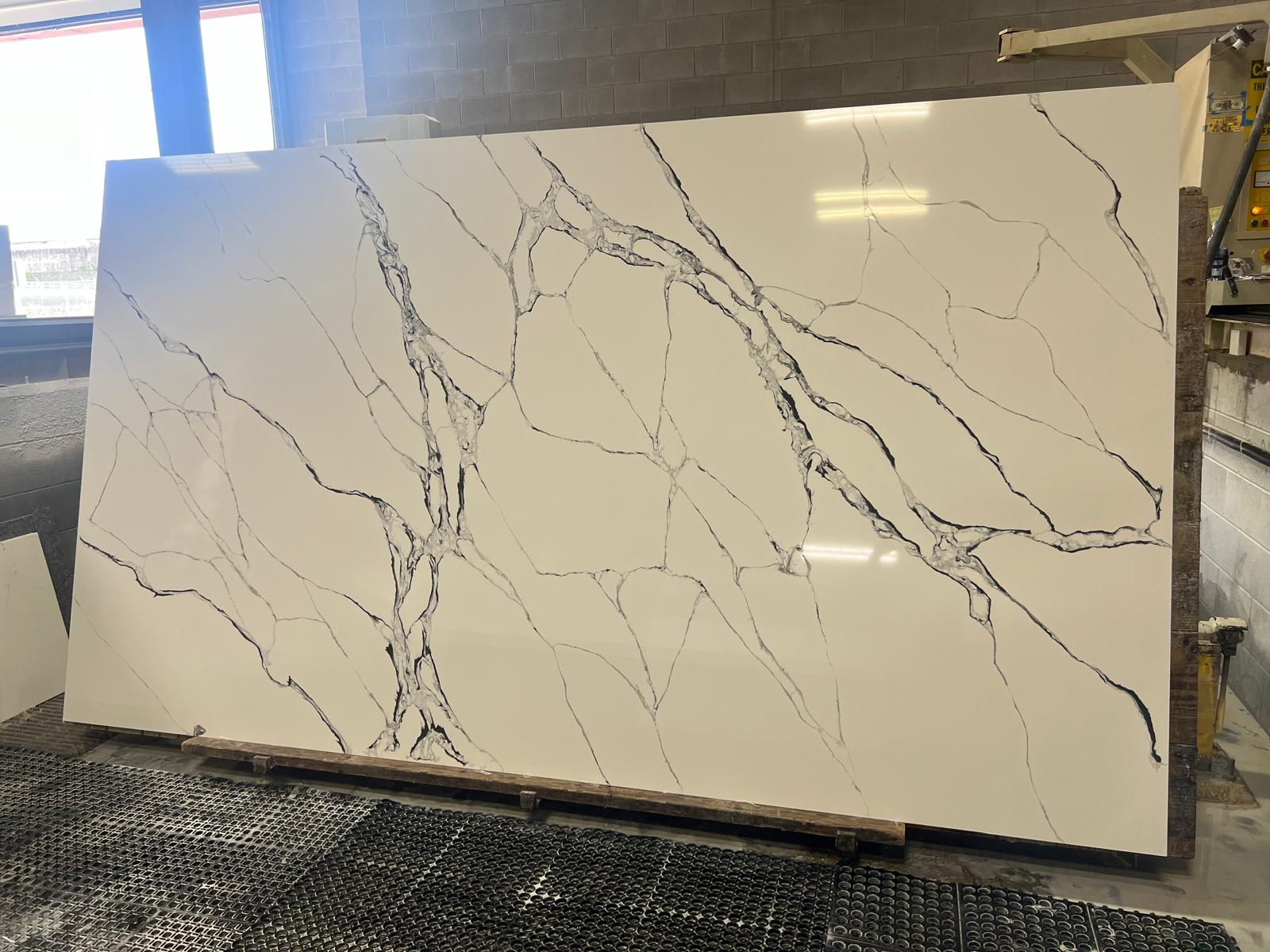 Calacatta-style slab ready to cut
